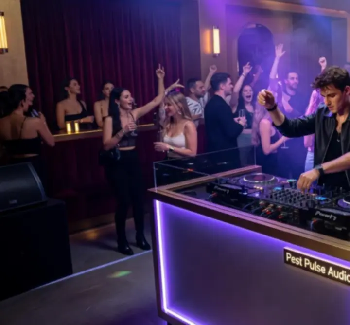 DJ pult éjszakai klubban, táncoló tömeg és fények Budapesten