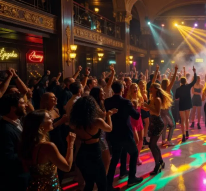 Táncoló tömeg DJ pult előtt Budapesten, lila és kék fényekkel
