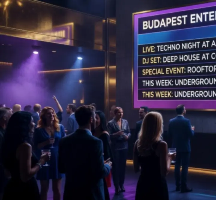 Modern, nightlife hangulatú eseménynaptár és budapesti rendezvények vizuális áttekintése