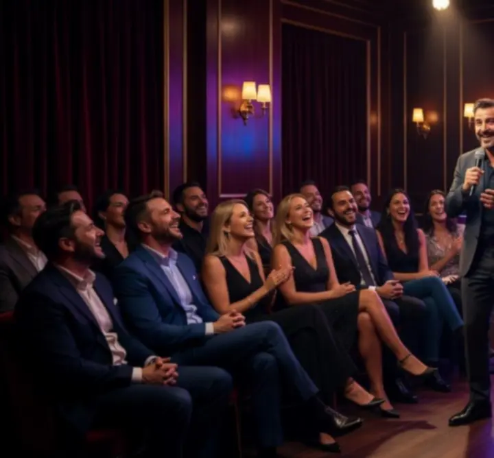 Stand-up comedy színpad és nevető közönség Budapesten